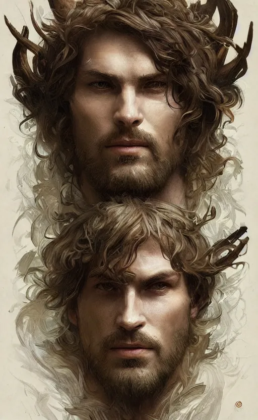 Image similar to portrait of the god of the forest, 25 years old, rugged, male, gorgeous, detailed face, amazing, thighs!!!!!!, muscular, intricate, highly detailed, digital painting, artstation, concept art, sharp focus, illustration, art by greg rutkowski and alphonse mucha