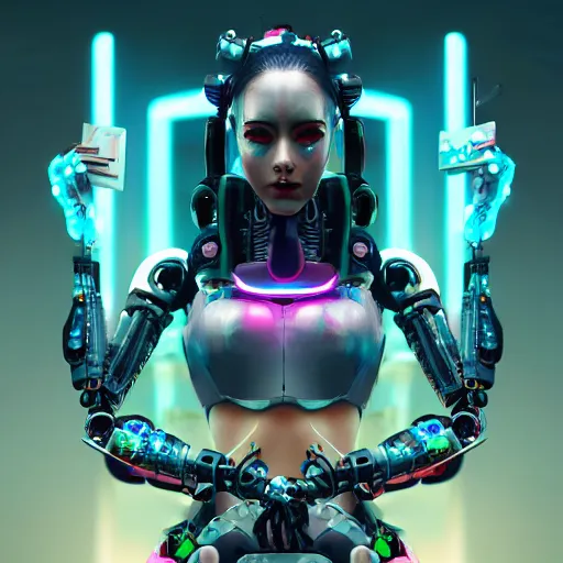 Image similar to a cyberpunk robot geisha sorceress, warcore, sharp focus, detailed, artstation, concept art, 3 d + digital art, wlop style, biopunk, neon colors, futuristic, unreal engine