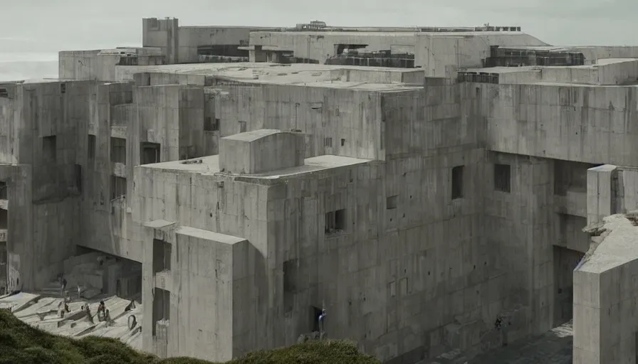 Image similar to big brutalist imperial military base on cliffs, drawing architecture, imperial architecture in rogue one, pritzker architecture prize, brutalism architecture, cinematic shot, by greig fraser, by emmanuel lubezki, robert richardson, hoyte van hoytema, roger deankins, janusz kaminski, alejandro inarritu