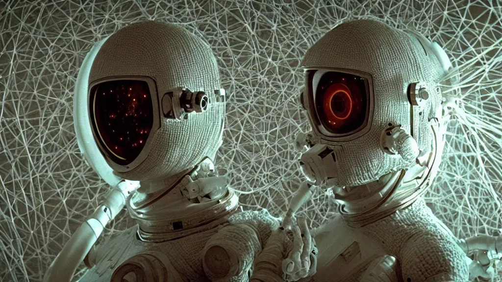 Image similar to a cybernetic symbiosis of a single astronaut eva suit made of pearlescent wearing knitted yarn thread infected with diamond 3d fractal lace iridescent bubble 3d skin covered with stalks of insectoid compound eye camera lenses floats through the living room, film still from the movie directed by Denis Villeneuve with art direction by Salvador Dalí, wide lens,