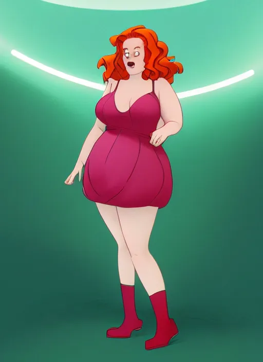 Image similar to full body portrait of teenage cheryl blossom, obese, bangs, green eyes, sultry, realistic, red hair, sultry smirk, wavy hair, pink skirt, fat, intricate, elegant, glowing lights, highly detailed, digital painting, artstation, concept art, smooth, sharp focus, illustration, art by wlop, mars ravelo and greg rutkowski