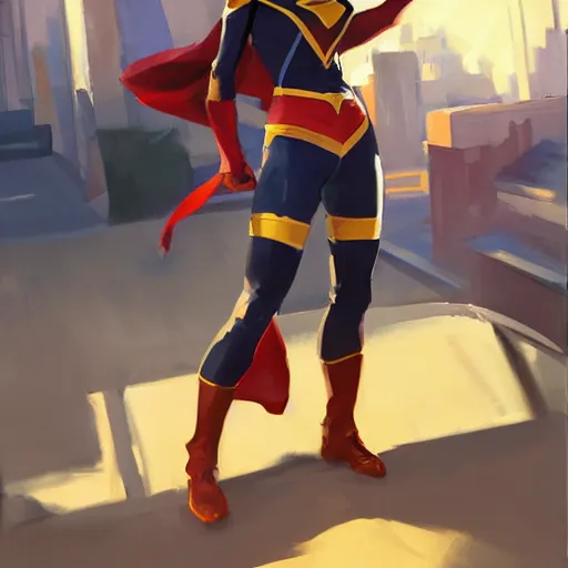 Image similar to greg manchess portrait painting of ms. marvel as overwatch character, medium shot, asymmetrical, profile picture, organic painting, sunny day, matte painting, bold shapes, hard edges, street art, trending on artstation, by huang guangjian and gil elvgren and sachin teng