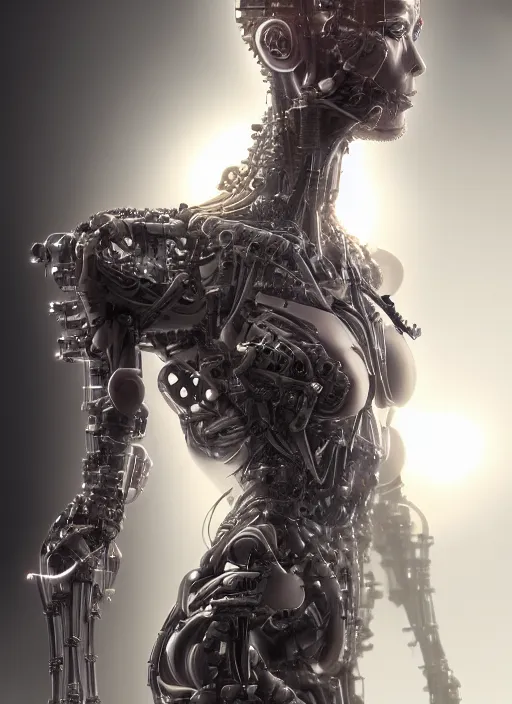 Prompt: portrait of a fractal cyborg assembled from many biomechanical parts in a diffuse fog by Artgerm, hyper detailled, fog, cinematic lighting, trending on artstation