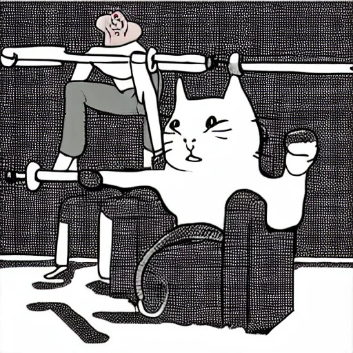 Image similar to the cat trainer looks at the man as he works out in the gym, vector style