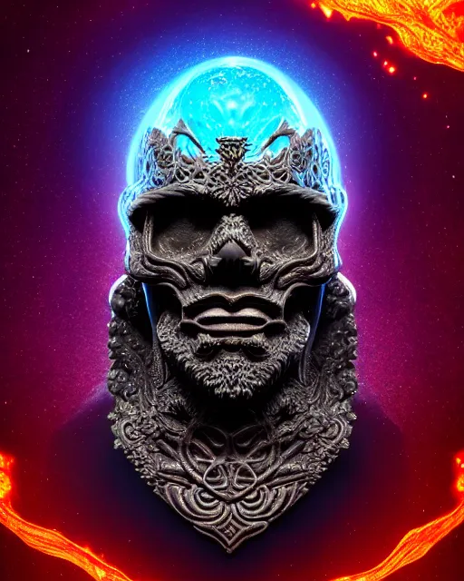 Prompt: 3 d ornate carved dark cosmic king with profile portrait, beautiful intricate highly skull, lava, ice, water, 8 k trending on artstation