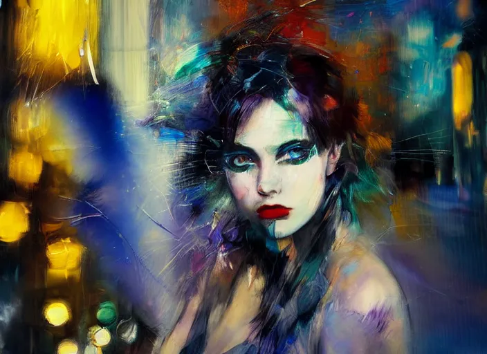 Image similar to detailed portrait of a punk girl with blue eyes in the city street at night, bokeh, long exposure, painting by giovanni boldini christopher doyle