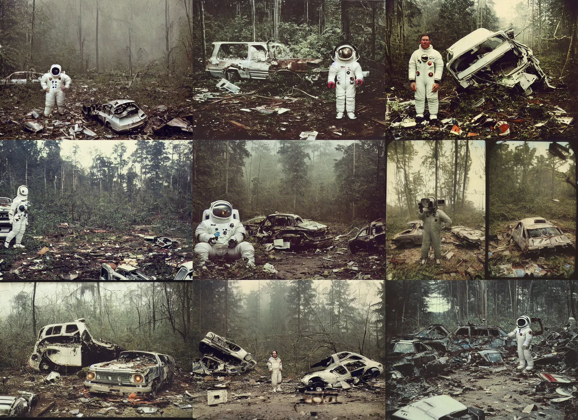 Prompt: faded photographs of american white spacesuit chubby astronaut in postapocalyptic abandoned destroyed deep forest jungle, wrecked buildings, destroyed flipped wrecked cars, polaroid photo, vintage, 1 9 8 5, neutral colors, rainy day, by gregory crewdson