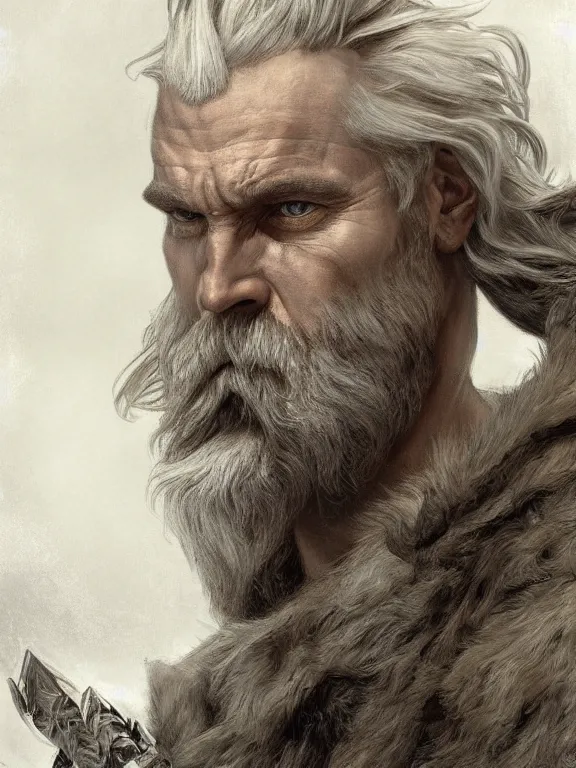 Prompt: painted portrait of rugged odin, god of war, nordic god, white hair, masculine, mature, handsome, upper body, grey and silver, muscular, hairy torso, fantasy, intricate, muscular, elegant, highly detailed, digital painting, artstation, concept art, smooth, sharp focus, illustration, art by gaston bussiere and alphonse mucha