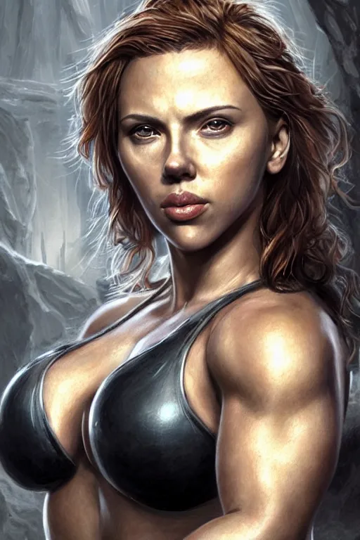 Image similar to detailed portrait of scarlett johansson as a thick female bodybuilder lara croft, attractive, beautiful, fantasy, intricate, elegant, highly detailed, digital painting, artstation, concept art, matte, sharp focus, illustration, art by aenaluck, artgerm and roberto ferri and greg rutkowski, epic fantasy, digital painting