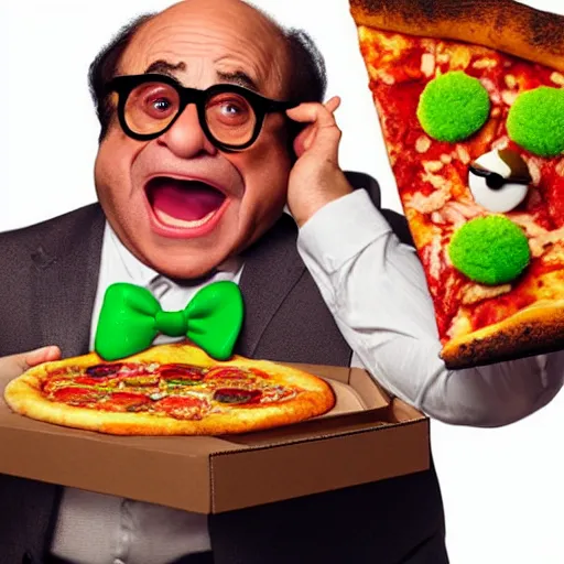 Prompt: digital art of portrait of danny devito as a muppet eating pizza, excited facial expression, head - and - shoulders shot, white background, cute pixar character, houdini 3 d render