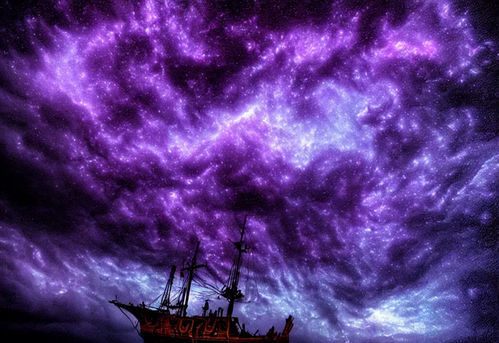 Image similar to purple color lighting storm with stormy sea close up of a pirate ship trippy nebula sky by banksy