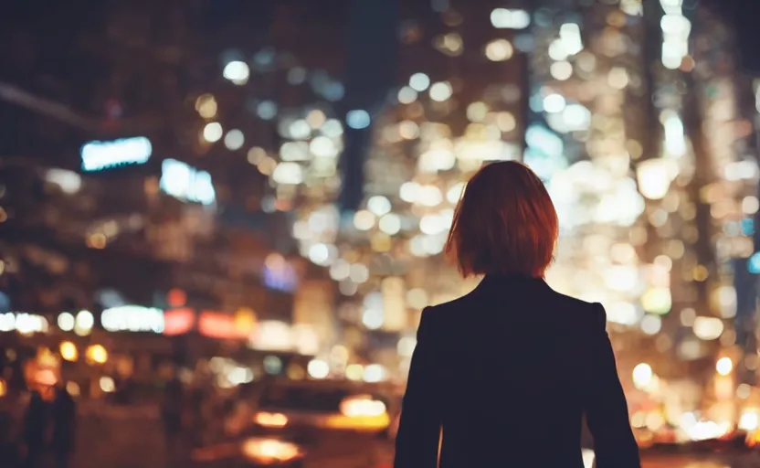 Prompt: a wide shot of a woman with a wool suit, short hair, blurred face, wearing an omega speedmaster on her wrist in front of a crowded dystopian city at night with cyberpunk lights