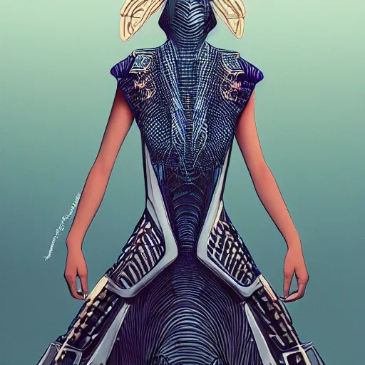 Image similar to a beautiful woman wearing a futuristic dress by alexander mcqueen, thom browne, junya watanabe, artgerm, arabian beauty, blue eyes, smile, futuristic, organic dress, pattern, concept art, fantasy