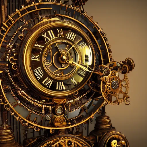 Image similar to Ultra-detailed cinematic render, of a fantasy steampunk time machine, intricate clock gears, octane render, high quality, ornate gems, 8k, by greg rutkowsky, volumetric lighting