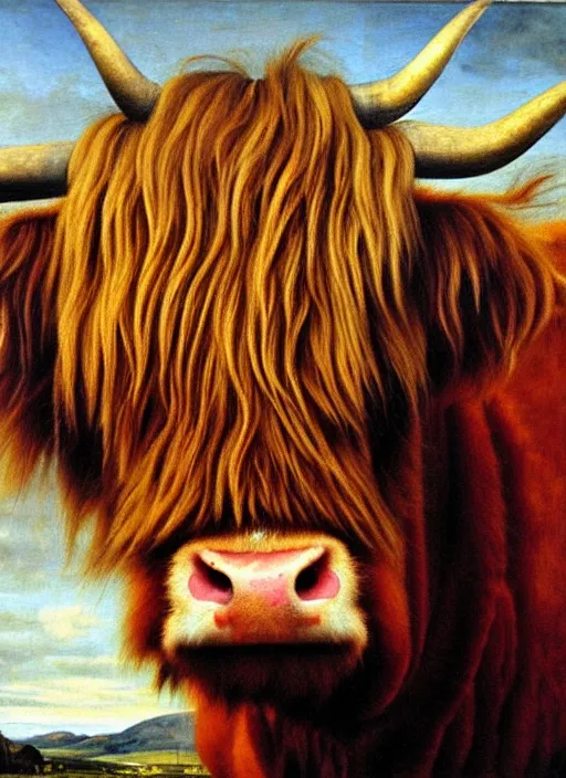 Image similar to oil portrait painting by hans holbein the elder of a highland cow.