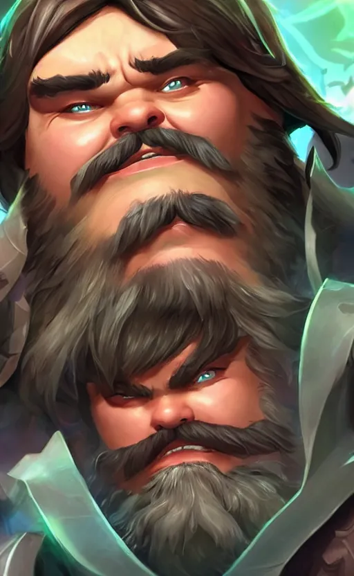 Image similar to Jack Black as a character in the game League of Legends, with a background based on the game League of Legends, detailed face, old 3d graphics