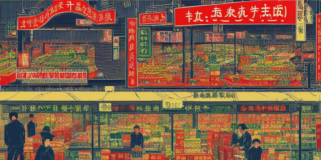 Image similar to a supermarket in hong kong, by dan mumford and peter doig and edward hopper, symmetrical, minimal, black ink, thick lines highly detailed, muted colours, overlaid with chinese adverts, 8 k