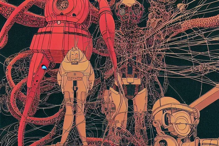 Image similar to risograph grainy drawing vintage sci - fi, satoshi kon color palette, gigantic gundam full - body covered with human bodies and wires, with lot tentacles, vermilion and black hues, codex seraphinianus painting by moebius and satoshi kon and dirk dzimirsky close - up portrait