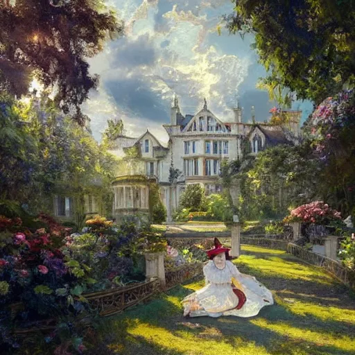 Prompt: portrait of a victorian lady in front of a English manor, from behind, streets, birds in the sky, sunlight and rays of light shining through trees, tall buildings on the sides, beautiful, solarpunk!!!, highly detailed, digital painting by Michael Garmash and Peter Mohrbacher