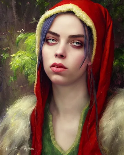 Image similar to billie eilish as a beautiful elf princess, oil painting, by laura sava