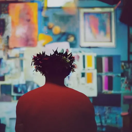 Image similar to kodak portra 4 0 0 photograph of a skinny guy wearing a hat standing in cluttered art studio, back view, flower crown, moody lighting, moody vibe, telephoto, 9 0 s vibe, blurry background, vaporwave colors, faded!,