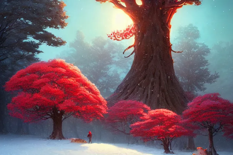 Image similar to giant tree in snow with red flowers, unreal engine, fantasy art by greg rutkowski, loish, rhads, ferdinand knab, makoto shinkai and lois van baarle, ilya kuvshinov, rossdraws, tom bagshaw, global illumination, radiant light, detailed and intricate environment