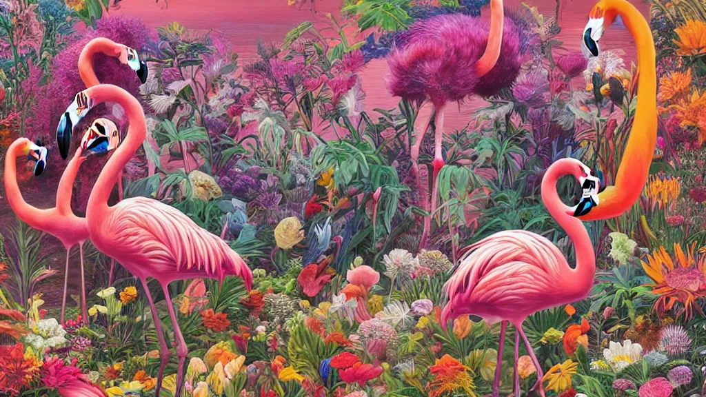 Image similar to highly detailed oil painting of neon flamingo surrounded by all the known species of flowers by olaf hayek, by moebius, by oliver vernon, by joseph moncada, by damon soule, by manabu ikeda, by kyle hotz, by dan mumford, by kilian eng