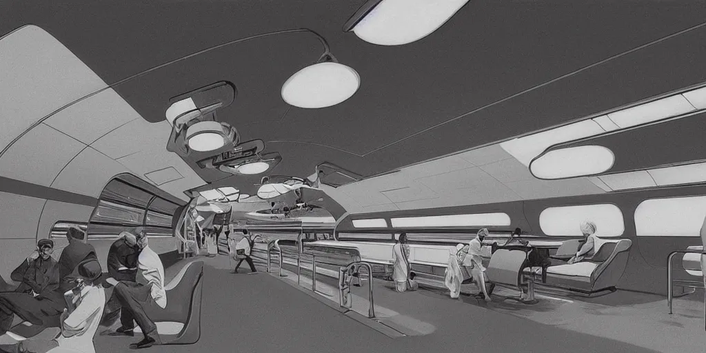 Image similar to retrofuturistic train station by syd mead and ron cobb