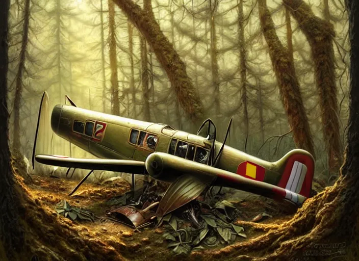 Prompt: a small german ww 2 crashed airplane shot down in the forest, crashed, burning, intricate, elegant, highly detailed, centered, digital painting, artstation, concept art, smooth, sharp focus, illustration, artgerm, tomasz alen kopera, peter mohrbacher, donato giancola, joseph christian leyendecker, wlop, boris vallejo