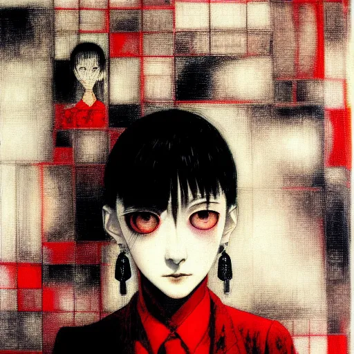 Image similar to yoshitaka amano blurred and dreamy realistic three quarter angle horror portrait of a sinister young woman with short hair, big earrings and red eyes wearing office suit with tie, junji ito abstract patterns in the background, satoshi kon anime, noisy film grain effect, highly detailed, renaissance oil painting, weird portrait angle, blurred lost edges