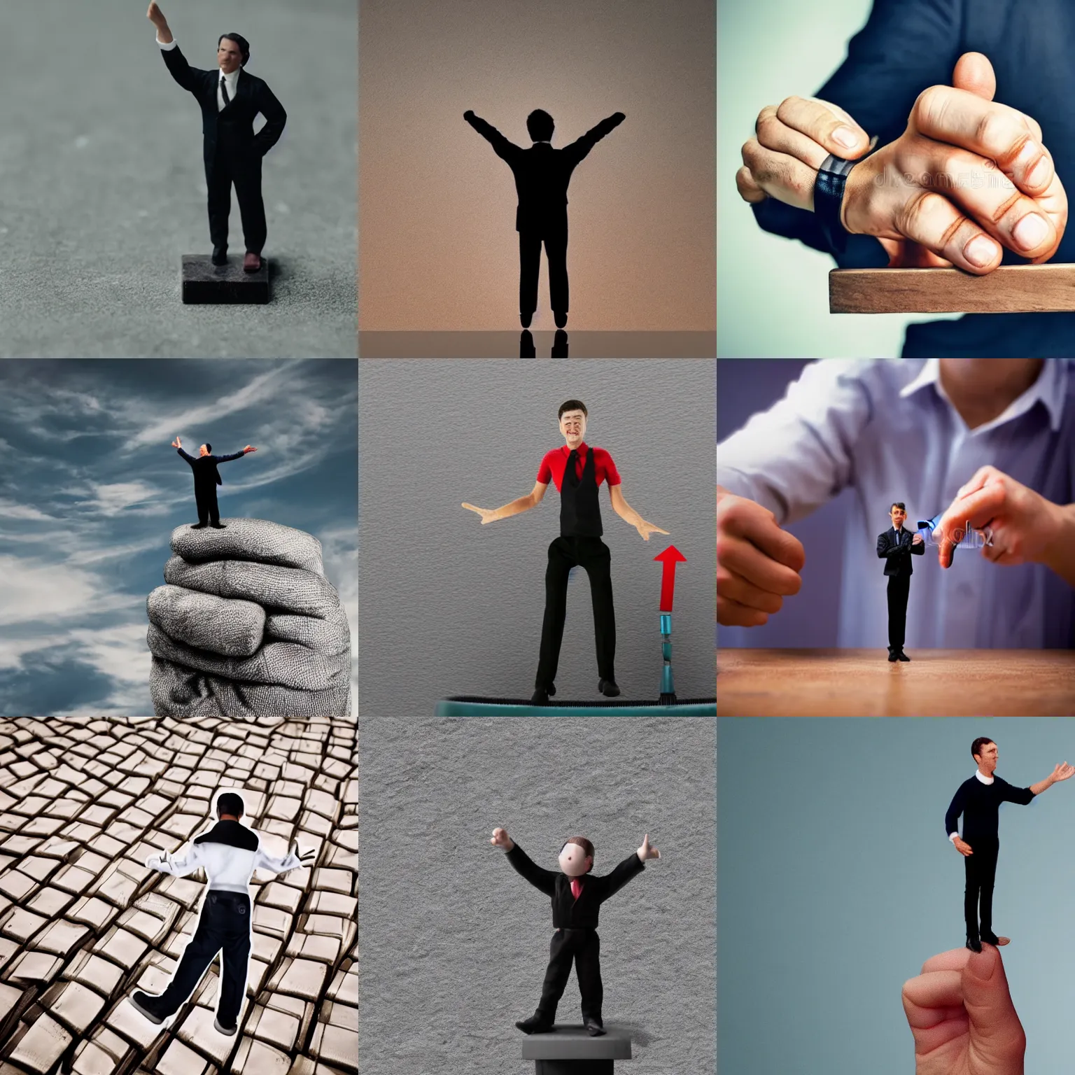 Prompt: a miniature man standing on top of a hand - stock image, a stock photo by francis helps, trending on shutterstock, figurativism, stockphoto, stock photo, 3 d