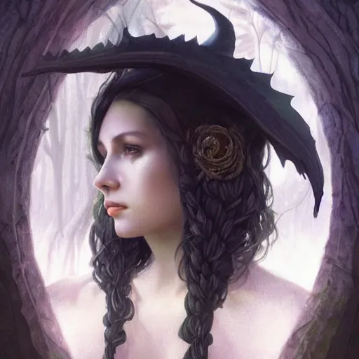 Image similar to cinematic side portrait witch, adventurer outfit large cloak, fantasy forest landscape, dragon scales in hair, supervillain, fantasy magic, undercut hairstyle, dark light night, intricate, elegant, sharp focus, illustration, highly detailed, digital painting, concept art, matte, art by WLOP and Artgerm and Greg Rutkowski and Alphonse Mucha, masterpiece