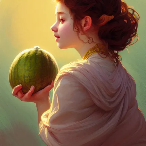 Image similar to Portrait of a girl with a melon, face, casual, intricate, elegant, highly detailed, digital painting, artstation, concept art, smooth, sharp focus, illustration, art by Sam Youn and Fernanda Suarez and Artem Demura and alphonse mucha