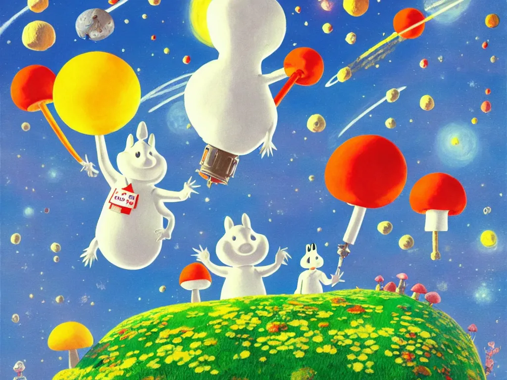 Prompt: moomins in space suits flying around with jetpacks discovering the mushroom planet, photorealistic painting, cgi, low light