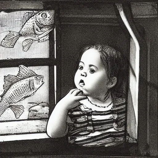 Image similar to the same style. the most beautiful little fat sweet girl is kissing a huge colorful cute fish. modern etching. colored print. hype realistic scene. old photography style. studio lighting. window