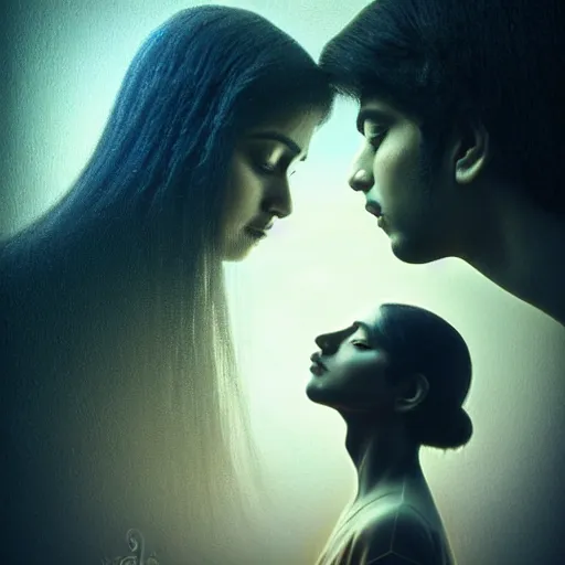 Image similar to perfectly - centered movie promotional poster portrait - photograph of a young indian guy and a beautiful girl side profile faces symmetrical ; real life portrait by beksinski and jean delville, romantic theme of two lovers sharing one heart, unreal engine 5, photorealism, hd quality, 8 k resolution, cinema 4 d, hdr dramatic cinematic lighting