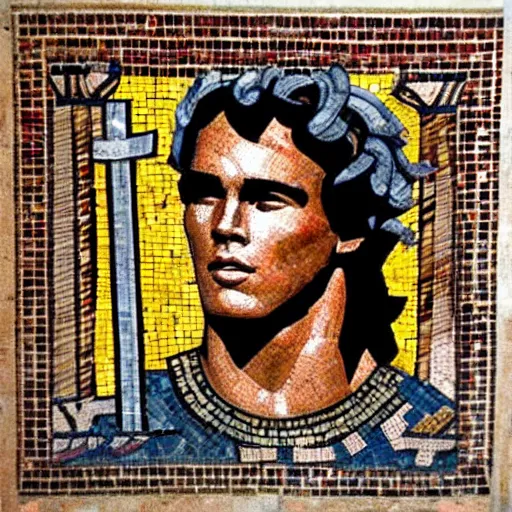 Prompt: ancient greek mosaic of young arnold schwarzenegger holding a big zelda sword