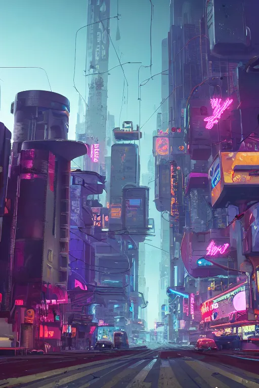 Prompt: up shot, a cyberpunk City Street with billboards and signs , rendered by simon stålenhag, rendered by Beeple, Makoto Shinkai, syd meade, environment concept, digital art, starwars, raphael lacoste, eddie mendoza, alex ross, concept art, cinematic lighting, , unreal engine, 3 point perspective, WLOP, trending on artstation, low level, 4K UHD image, octane render,
