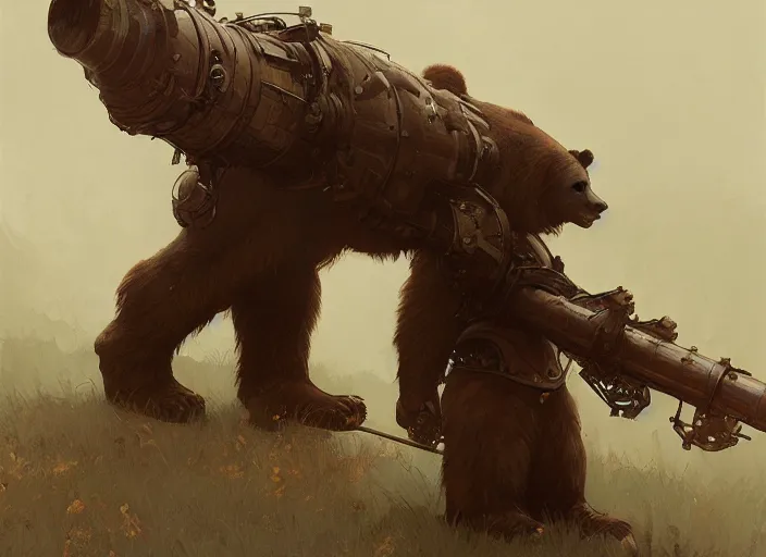 Prompt: a giant bear with a giant cannon in his back, exoskeleton, technology, elegant,, highly detailed, digital painting, artstation, concept art, smooth, sharp focus, illustration, art by krenz cushart and artem demura and alphonse mucha