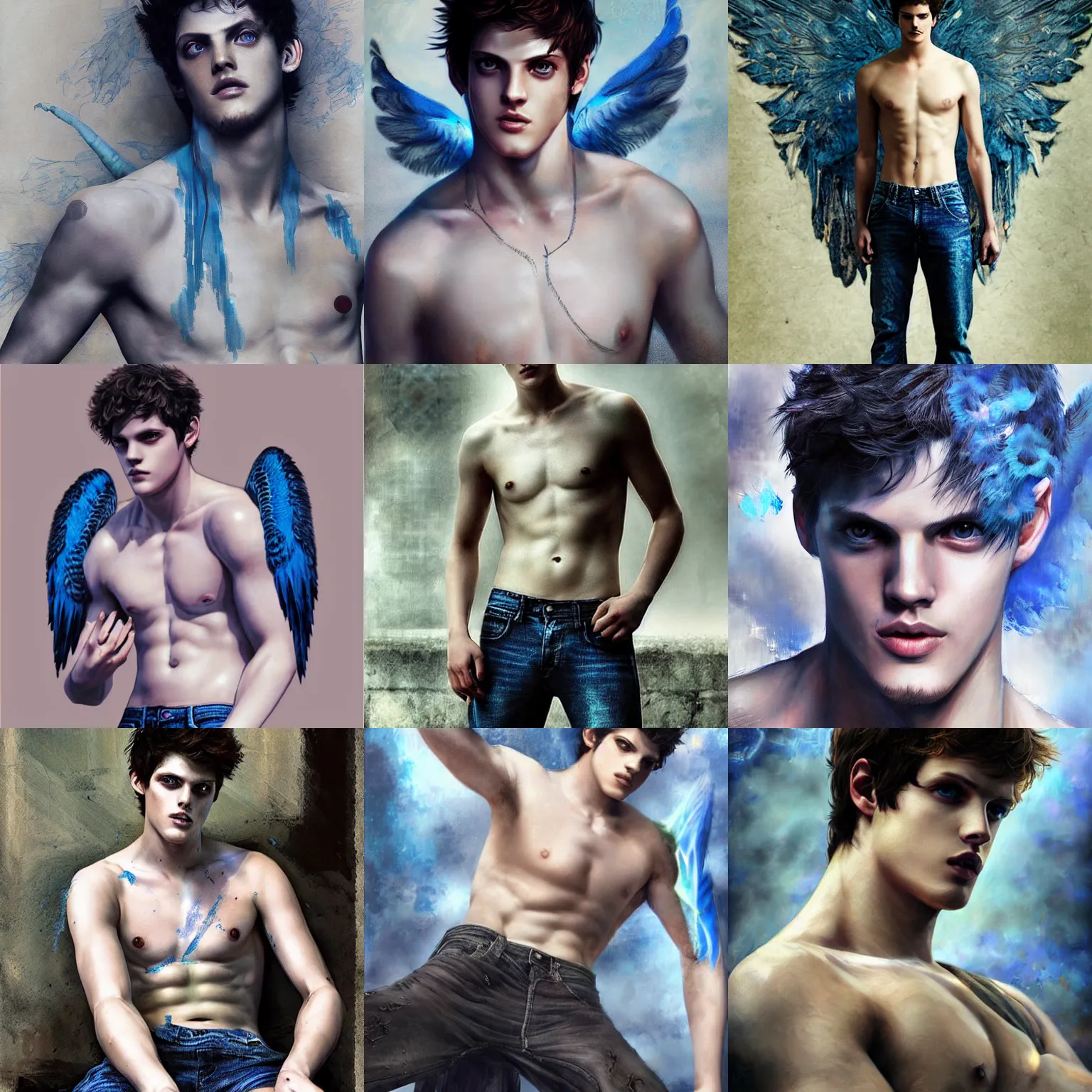 Prompt: Anime portrait of Daniel Sharman with blue-wings, shirtless, jeans, detailed, photorealistic digital art, style by Ruan Jia and Fenghua Zhong