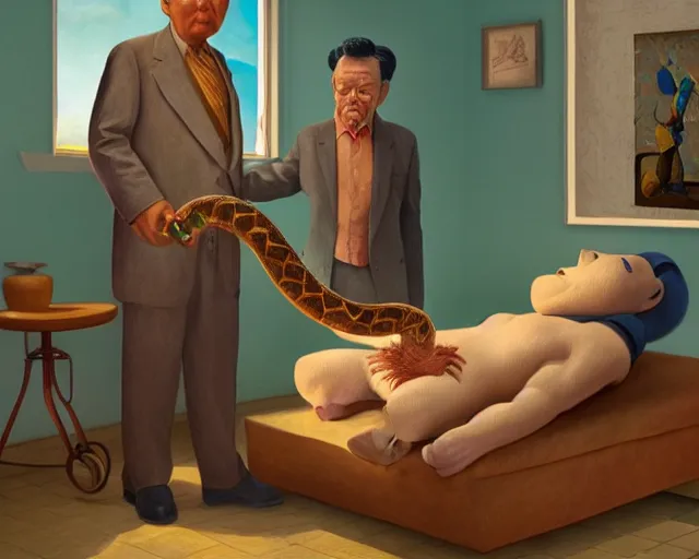 Image similar to the famous snake oil salesman Uncle Aloysius curing a patient of 🐻, painting by Grant Wood, 3D rendering by Beeple, sketch by R. Crumb