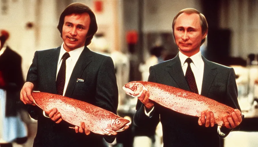 Prompt: 7 0 s movie still of putin in butcher outfit, proudly holding a salmon. cinestill 8 0 0 t _ 3 5 mm eastmancolor, heavy grain, high quality, high detail