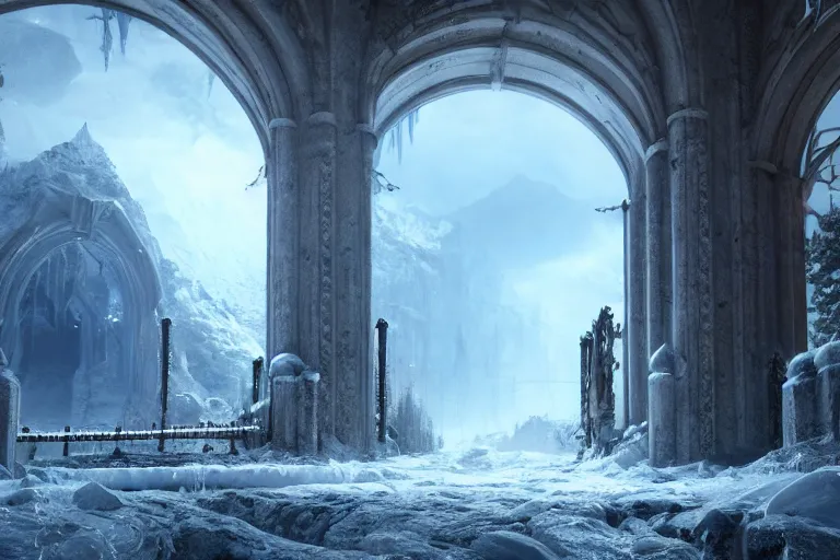 Image similar to a very detailed concept art of epic gates to frost, trending on artstation, digital art, 4 k, hyper realistic, octane render, sharp focus