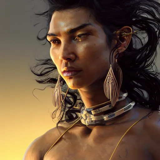 Image similar to portrait of tall hyper - muscular bronze - skinned warrior woman with long flowing black hair and big gold earrings, volumetric lighting, dynamic composition, art by sachin teng and sergey kolesov and ruan jia and heng z, scifi, hyper detailed, ultra realistic, sharp focus, wildlife photography, national geographic, octane render, concept art