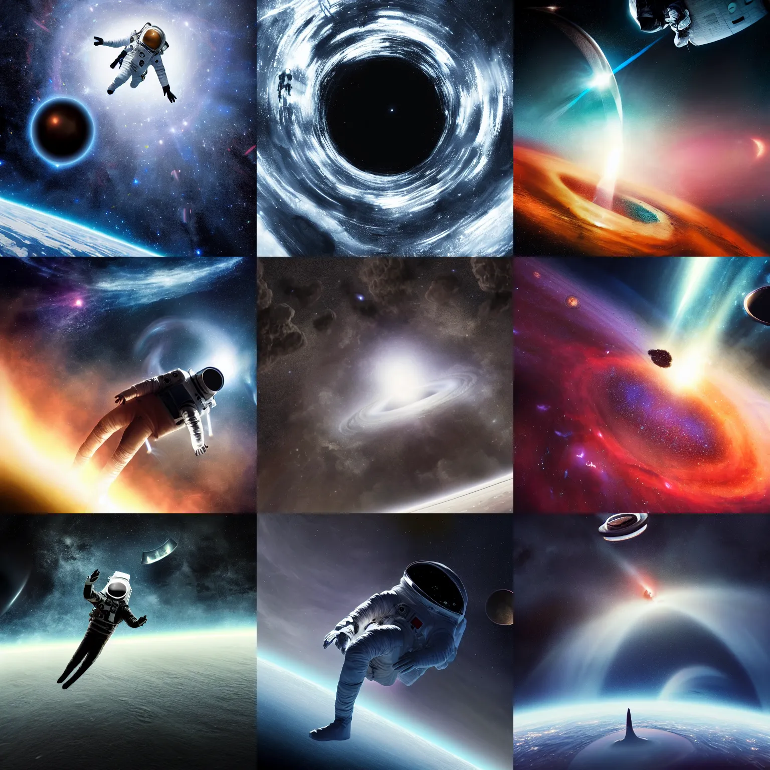 Prompt: photograph of an astronaut getting sucked into the black hole, 4k, breathtaking stars, space background, surrealism, concept art, Trending on artstation