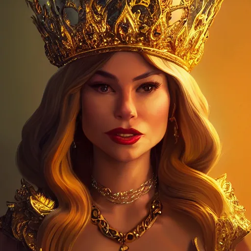 Image similar to Portrait of Sofia Vergara as the Golden Queen wearing a majestic crown, luxurious scene, mattepainting concept Blizzard pixar maya engine on stylized background splash comics global illumination lighting artstation lois van baarle, ilya kuvshinov, rossdraws