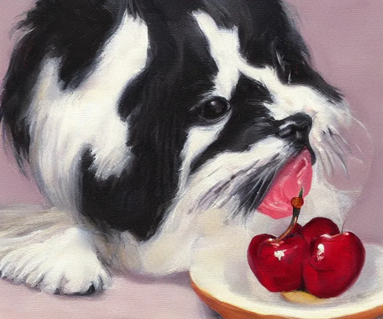 Image similar to white and black japanese chin dog eating cherry muffins, oil painting