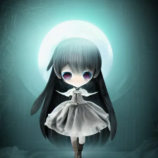 Image similar to cute fumo plush girl gazing into a crystal ball swirling with strange energy, black and white gothic horror, smoke and volumetric fog, witch girl, soothsayer, lens flare glow, chibi anime, vray