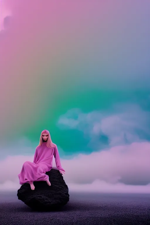 Image similar to high quality pastel coloured film close up wide angle photograph of a model wearing clothing swimming on cloud furniture in a icelandic black rock!! environment in a partially haze filled dreamstate world. three point light, rainbow. photographic production. art directed. pastel colours. volumetric clouds. pastel gradient overlay. waves glitch artefacts. extreme facial clarity. 8 k. filmic.