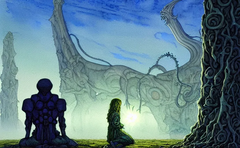 Image similar to a hyperrealist watercolour character concept art portrait of a pagan worshipper kneeling down in prayer in front of a tall elegant lovecraftian alien on a misty night in stone henge. a battlecruiser starship is in the background. by rebecca guay, michael kaluta, charles vess and jean moebius giraud